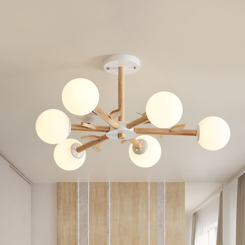 Nordic Wood Radial Chandelier? with White Glass Shade and Bird Decor - Perfect for Bedroom Semi-Mount Lighting - 3/6 Bulb Ceiling Mount