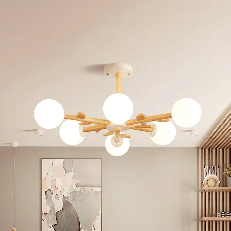 Nordic Wood Radial Chandelier? with White Glass Shade and Bird Decor - Perfect for Bedroom Semi-Mount Lighting - 3/6 Bulb Ceiling Mount