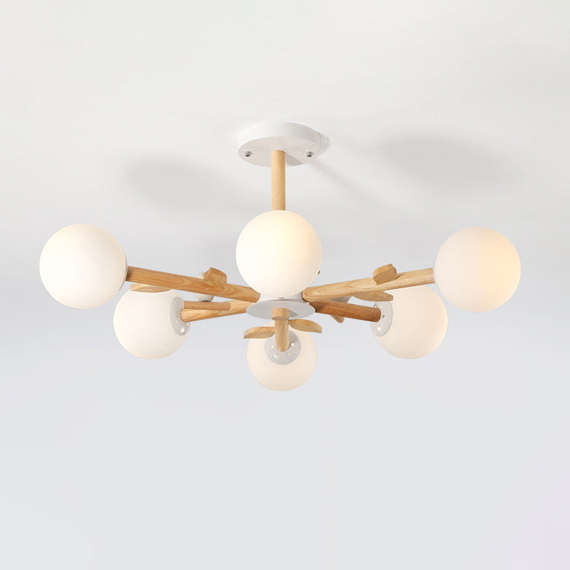 Nordic Wood Radial Chandelier? with White Glass Shade and Bird Decor - Perfect for Bedroom Semi-Mount Lighting - 3/6 Bulb Ceiling Mount