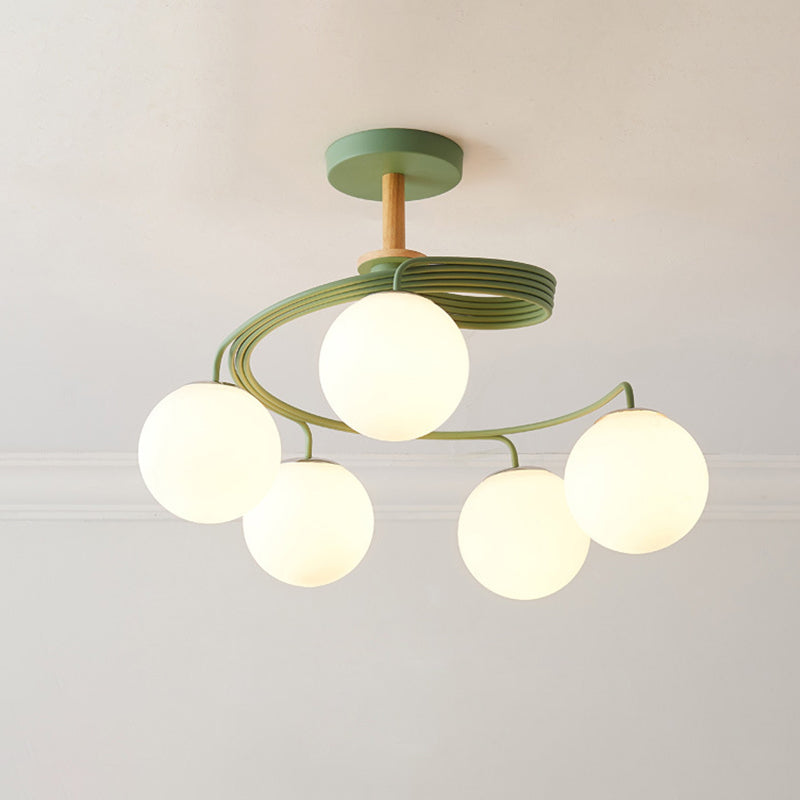 Lustre nordique en fer tourbillonnant avec 5 ampoules, plafonnier semi-encastré gris/vert avec abat-jour en verre sphérique et tige descendante en bois