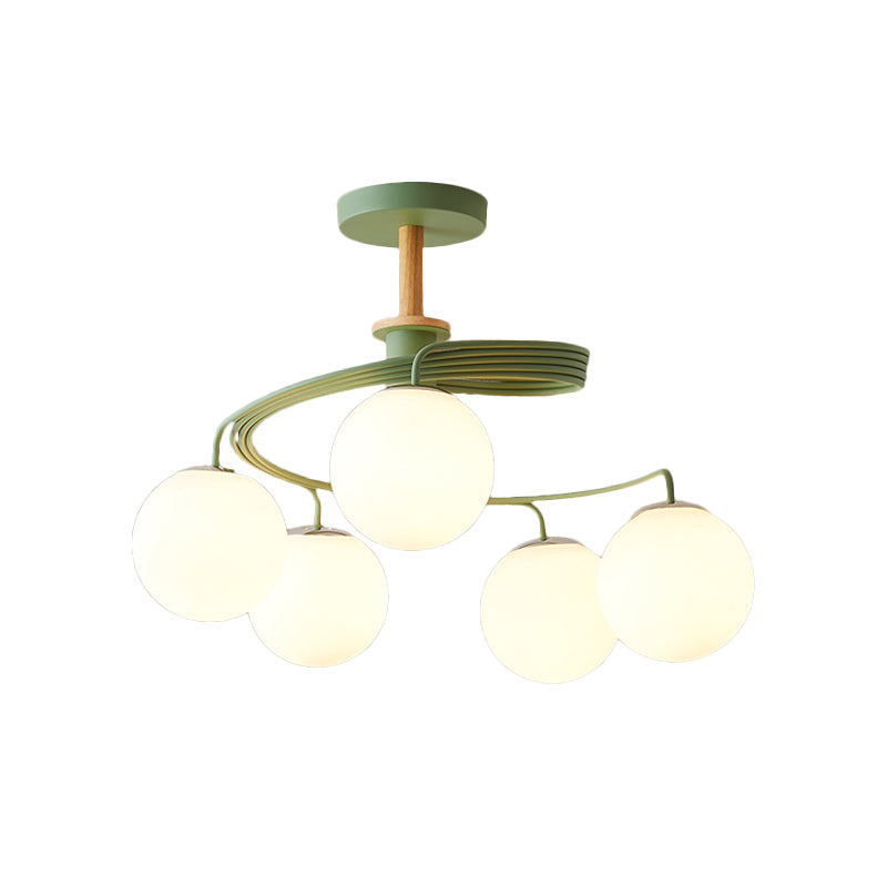 Lustre nordique en fer tourbillonnant avec 5 ampoules, plafonnier semi-encastré gris/vert avec abat-jour en verre sphérique et tige descendante en bois