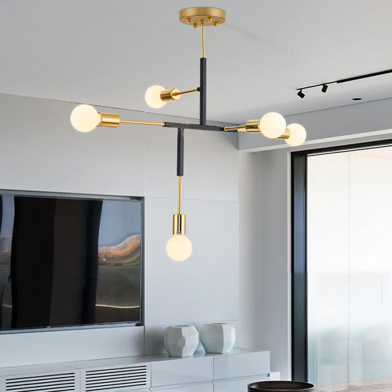 Postmodern 5-Head Semi Flush Mount Ceiling Light with Vertical Exposed Metal - Black/White and Gold