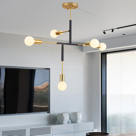 Postmodern 5-Head Semi Flush Mount Ceiling Light with Vertical Exposed Metal - Black/White and Gold