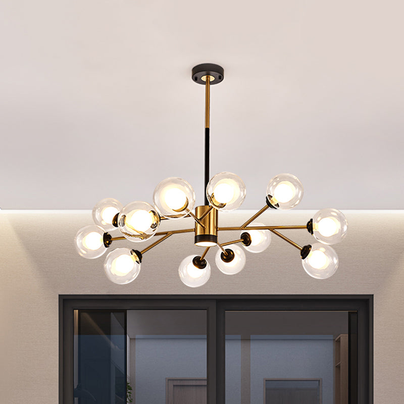 Lustre élégant en verre transparent Orb - Lampe suspendue moderne à 12 ampoules noir et or
