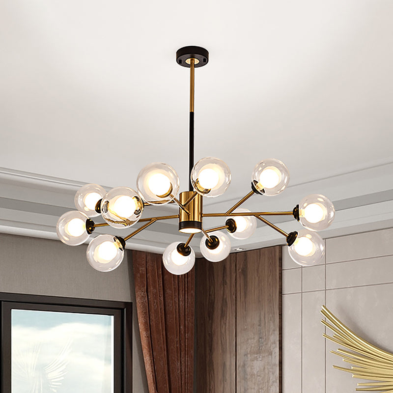 Lustre élégant en verre transparent Orb - Lampe suspendue moderne à 12 ampoules noir et or