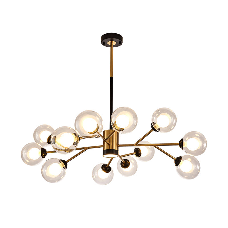 Lustre élégant en verre transparent Orb - Lampe suspendue moderne à 12 ampoules noir et or