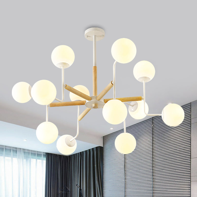 Nordic Starburst Wood Ceiling Light - Semi Flush Chandelier (12 Heads) in White with Milky Glass Shades
