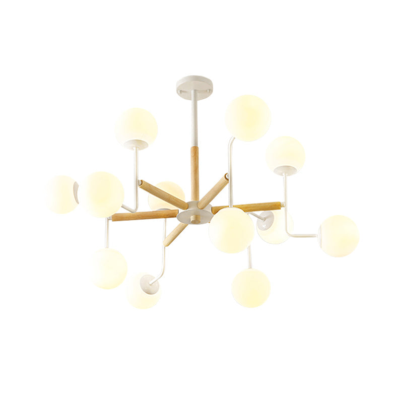 Nordic Starburst Wood Ceiling Light - Semi Flush Chandelier (12 Heads) In White With Milky Glass