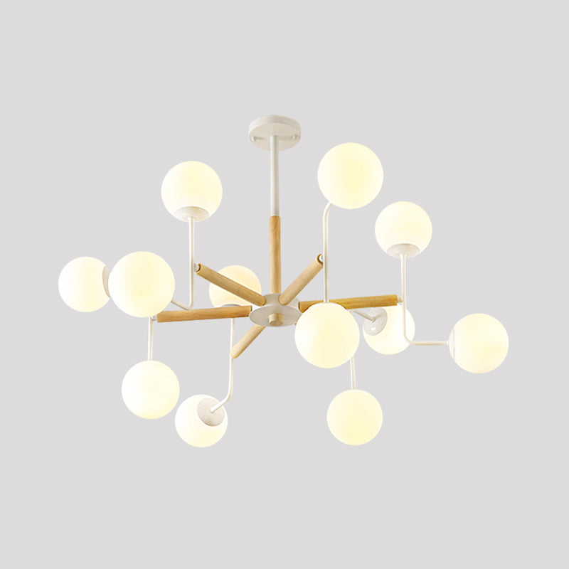 Nordic Starburst Wood Ceiling Light - Semi Flush Chandelier (12 Heads) In White With Milky Glass