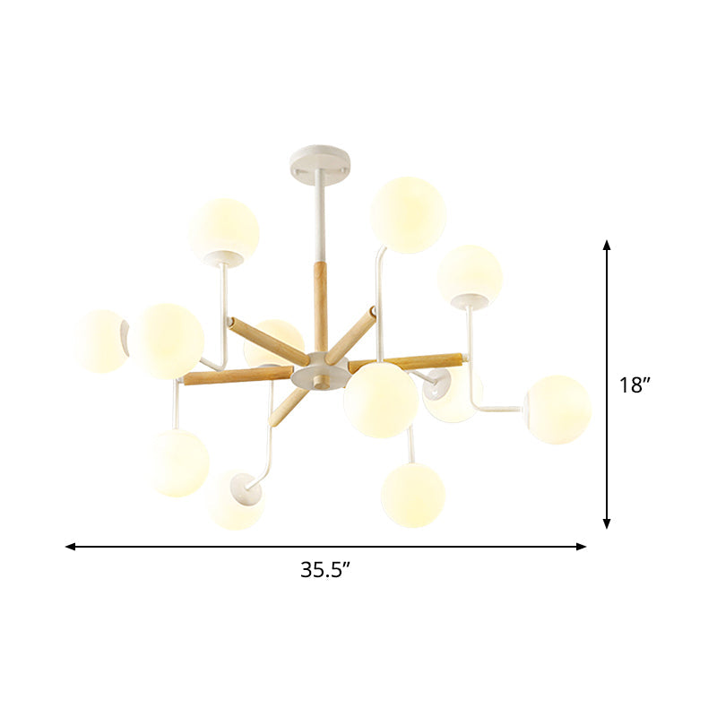 Nordic Starburst Wood Ceiling Light - Semi Flush Chandelier (12 Heads) In White With Milky Glass