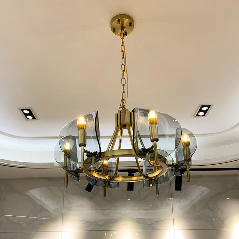 Mid-Century Curved Glass Chandelier Lamp - Open Bulb Design, Gold Hanging 6/8-Bulb Fixture