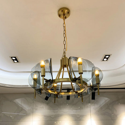Mid-Century Curved Glass Chandelier Lamp - Open Bulb Design, Gold Hanging 6/8-Bulb Fixture