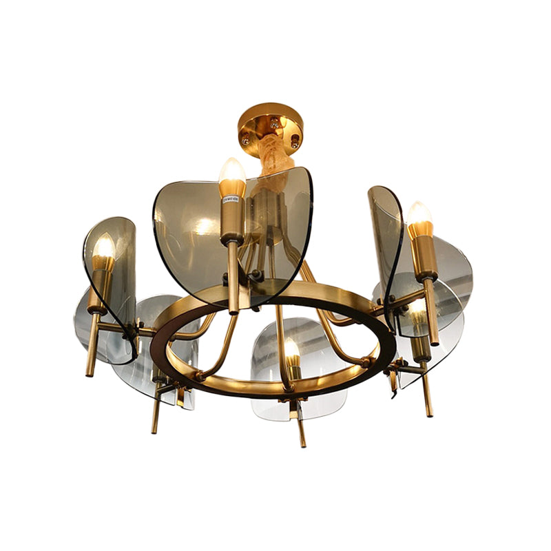 Mid-Century Curved Glass Chandelier Lamp - Open Bulb Design, Gold Hanging 6/8-Bulb Fixture