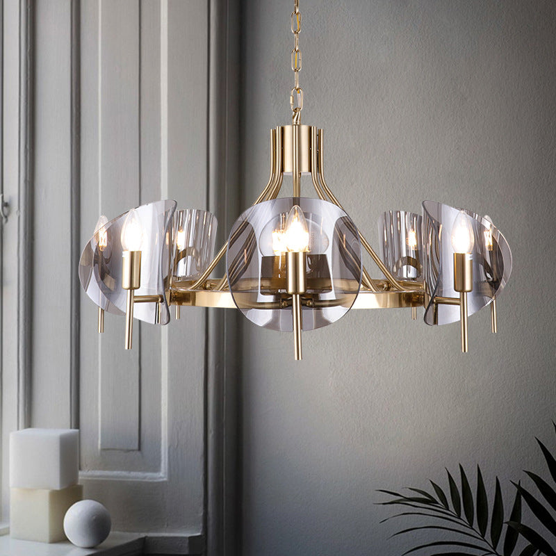 Mid-Century Curved Glass Chandelier Lamp - Open Bulb Design, Gold Hanging 6/8-Bulb Fixture