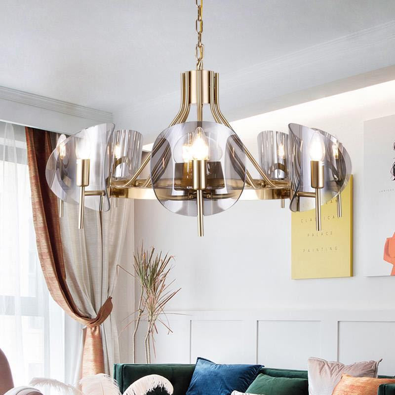 Mid-Century Curved Glass Chandelier Lamp - Open Bulb Design, Gold Hanging 6/8-Bulb Fixture
