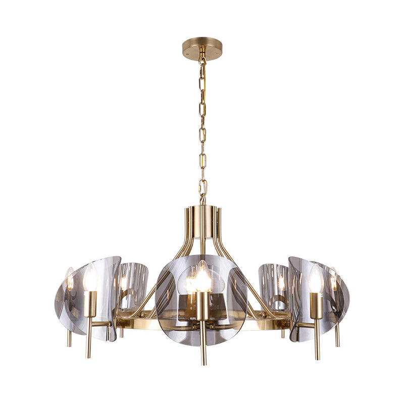 Mid-Century Curved Glass Chandelier Lamp - Open Bulb Design, Gold Hanging 6/8-Bulb Fixture