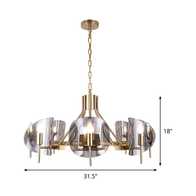 Mid-Century Curved Glass Chandelier Lamp - Open Bulb Design, Gold Hanging 6/8-Bulb Fixture