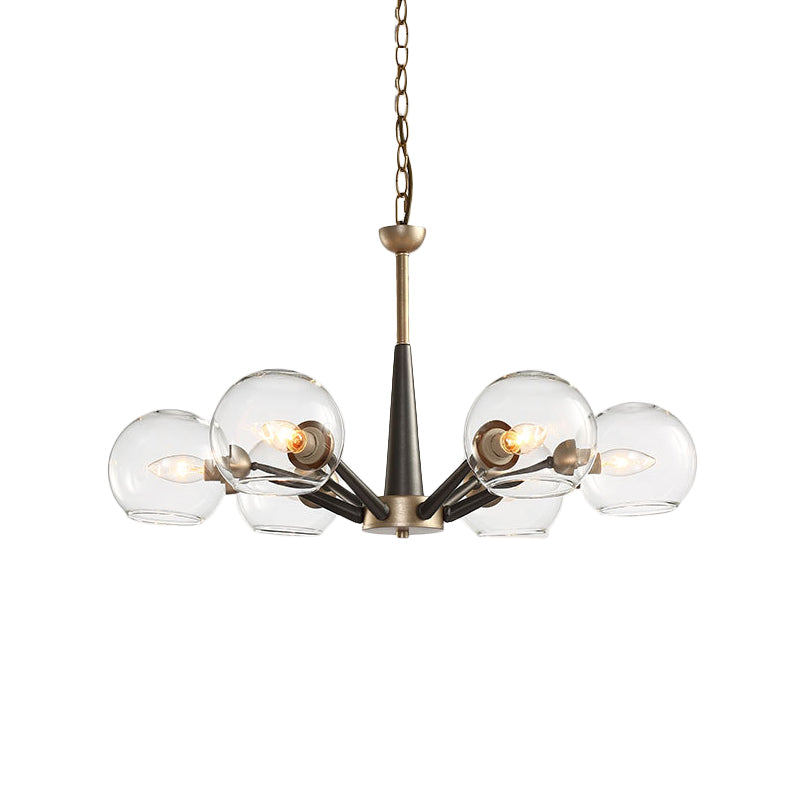 Retro Dome Shade Hanging Chandelier - White/Blue/Clear Glass 6 Light Lounge Pendant With Burst