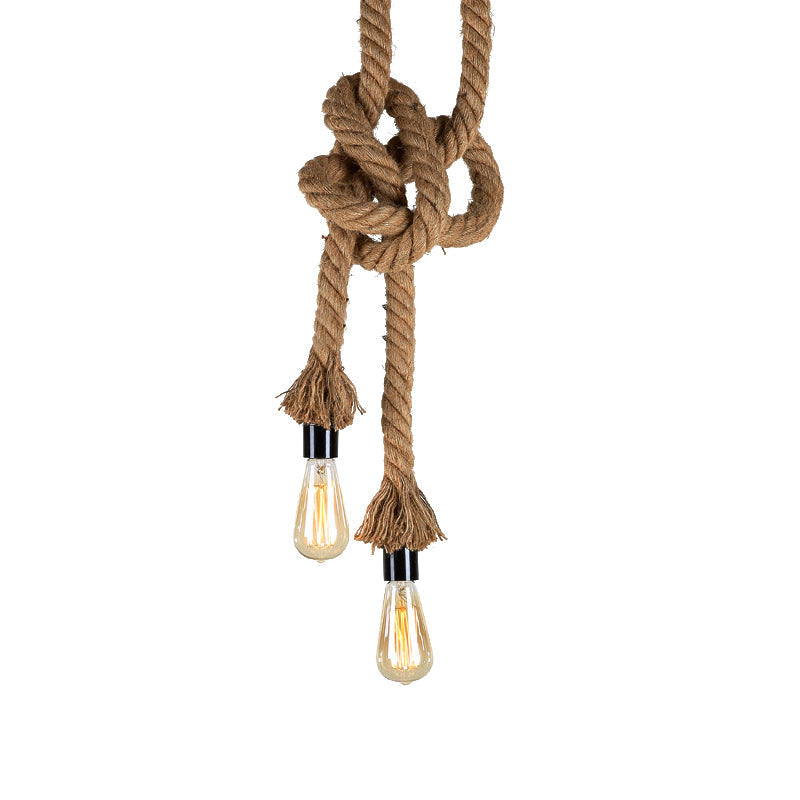 Vintage Style Light Brown Rope Pendant Light with Open Bulb - 2 Heads - Ceiling Hanging Lighting for Bar