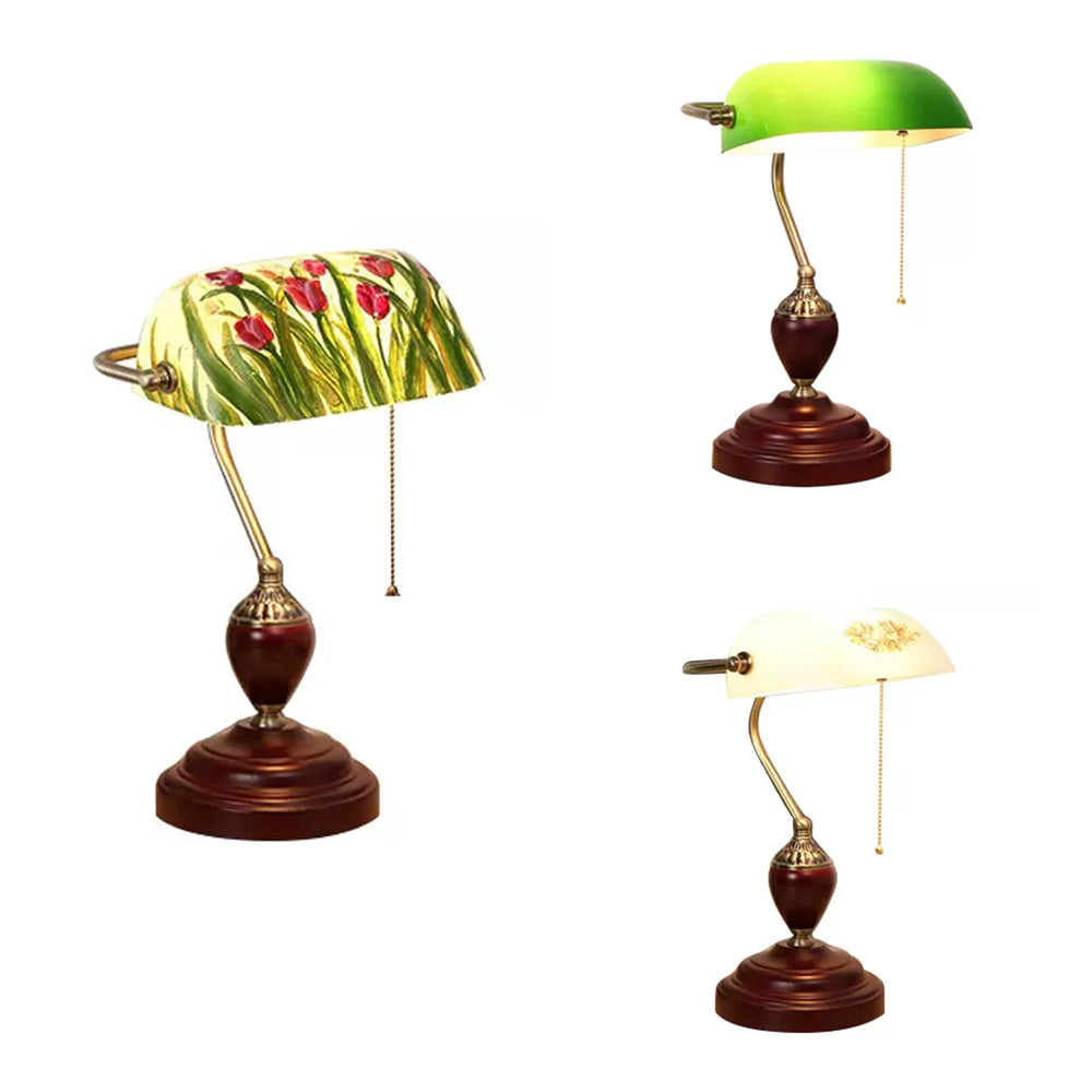 Traditional Rollover Shade Banker Lamp - 1 Light Green/Red/White Glass Desk With Pull Chain For
