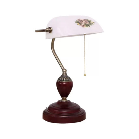 Traditional Rollover Shade Banker Lamp - 1 Light Green/Red/White Glass Desk With Pull Chain For