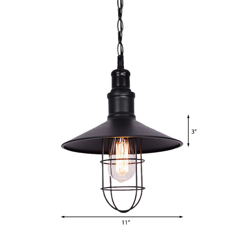 Suspension à abat-jour conique avec grille de protection - Luminaire suspendu en métal noir nautique pour une utilisation en intérieur
