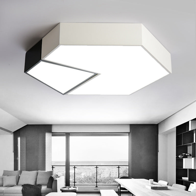 Modern Black and White Hexagon Ceiling Light, Acrylic Shade Mount Fixture, White Light, 11"/15"/19" Dia - Perfect for Living Room