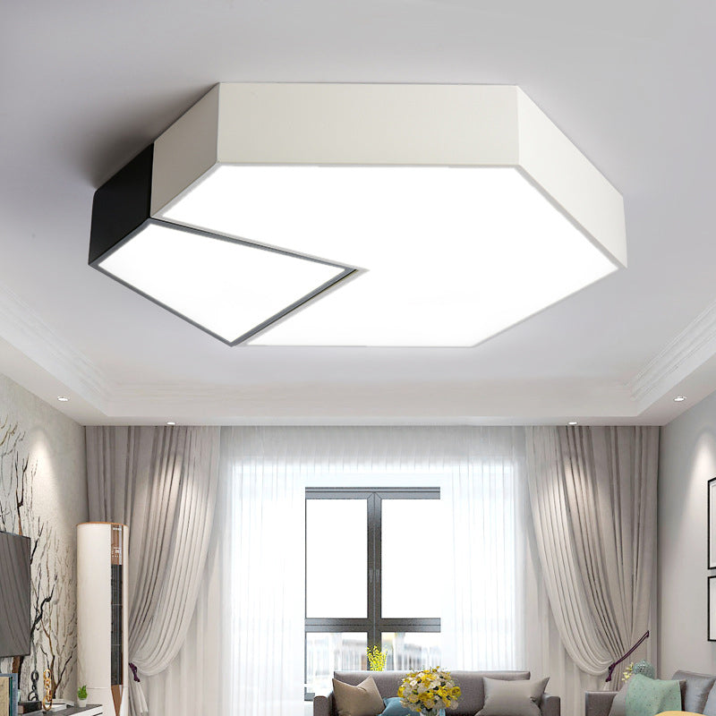 Modern Black and White Hexagon Ceiling Light, Acrylic Shade Mount Fixture, White Light, 11"/15"/19" Dia - Perfect for Living Room