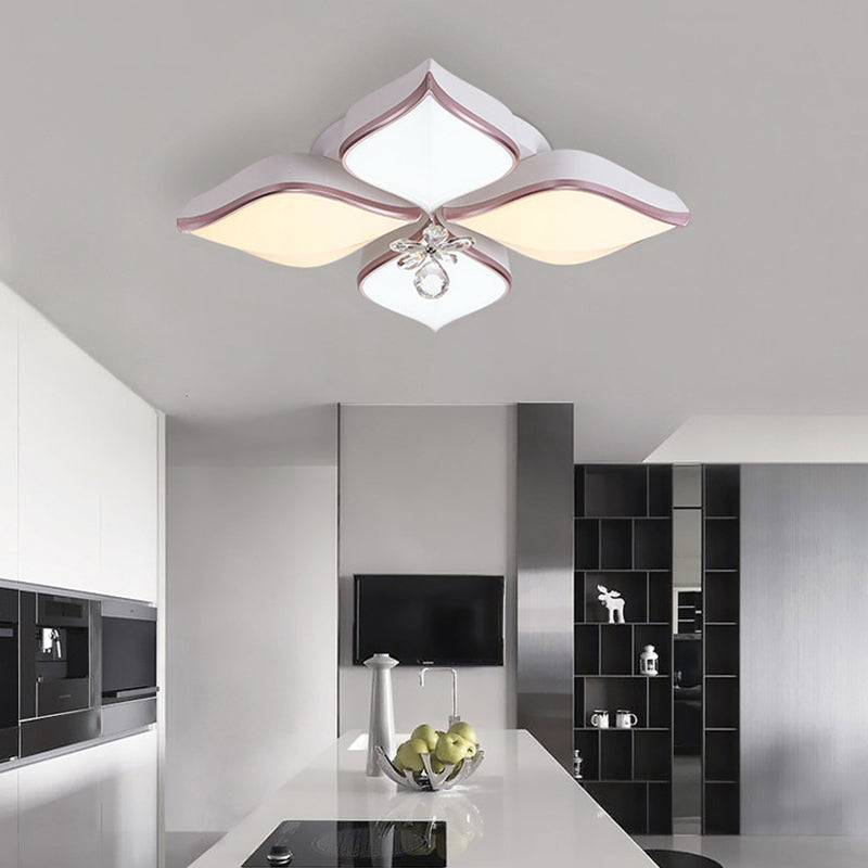 Contemporary Flower Ceiling Mounted Fixture: Acrylic Flush Ceiling Light in White with Crystal Drop for Living Room