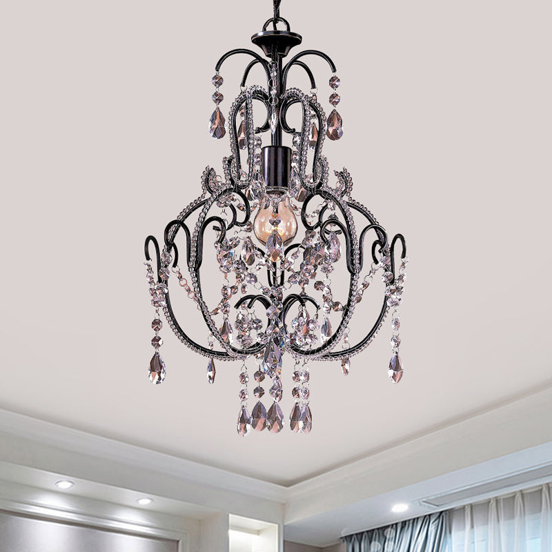 Vintage 2-Tier Metallic Suspension Light: Black Ceiling Lighting With Clear Glass Drops - Ideal For