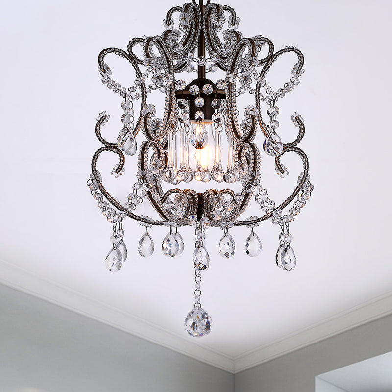 Suspension contemporaine en cristal champagne/café avec bras incurvé - Lanterne à 1 tête à éclairage vers le bas