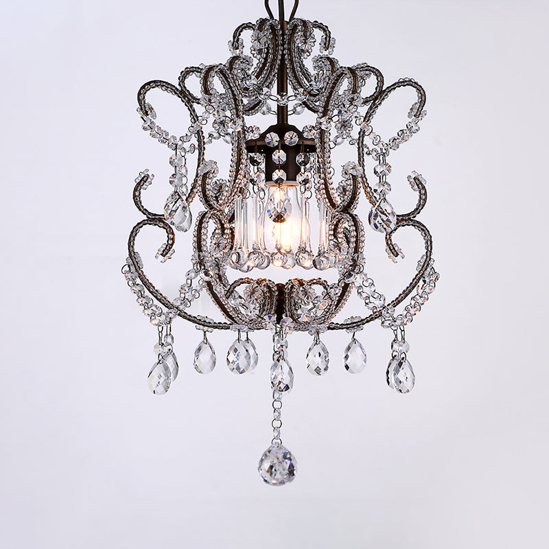 Suspension contemporaine en cristal champagne/café avec bras incurvé - Lanterne à 1 tête à éclairage vers le bas