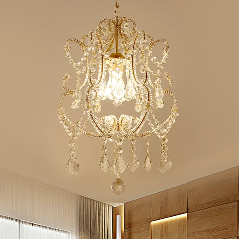 Suspension contemporaine en cristal champagne/café avec bras incurvé - Lanterne à 1 tête à éclairage vers le bas
