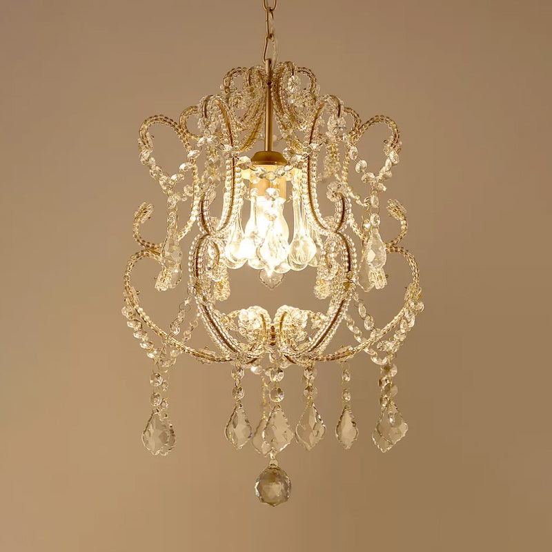 Suspension contemporaine en cristal champagne/café avec bras incurvé - Lanterne à 1 tête à éclairage vers le bas