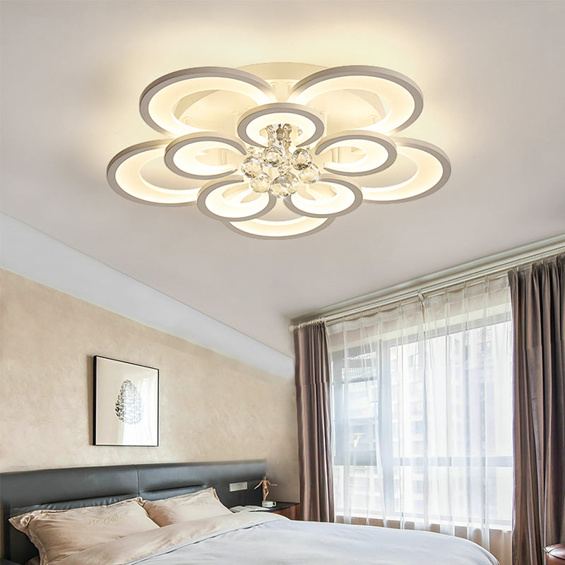 Contemporary Acrylic Flush Mount Ceiling Light with Crystal Drop - Multi-Layer Circular Design (10/12/16 Lights, White)