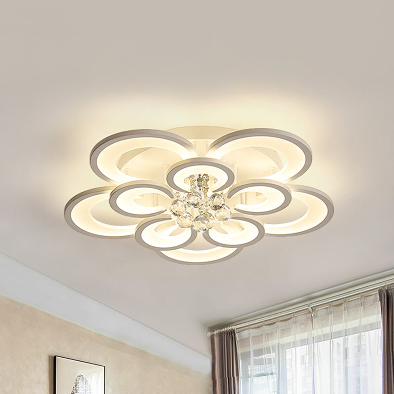 Contemporary Acrylic Flush Mount Ceiling Light with Crystal Drop - Multi-Layer Circular Design (10/12/16 Lights, White)