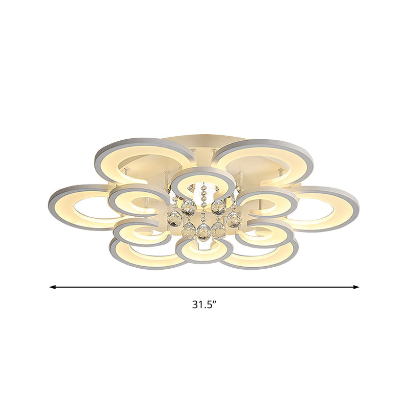 Contemporary Acrylic Flush Mount Ceiling Light with Crystal Drop - Multi-Layer Circular Design (10/12/16 Lights, White)