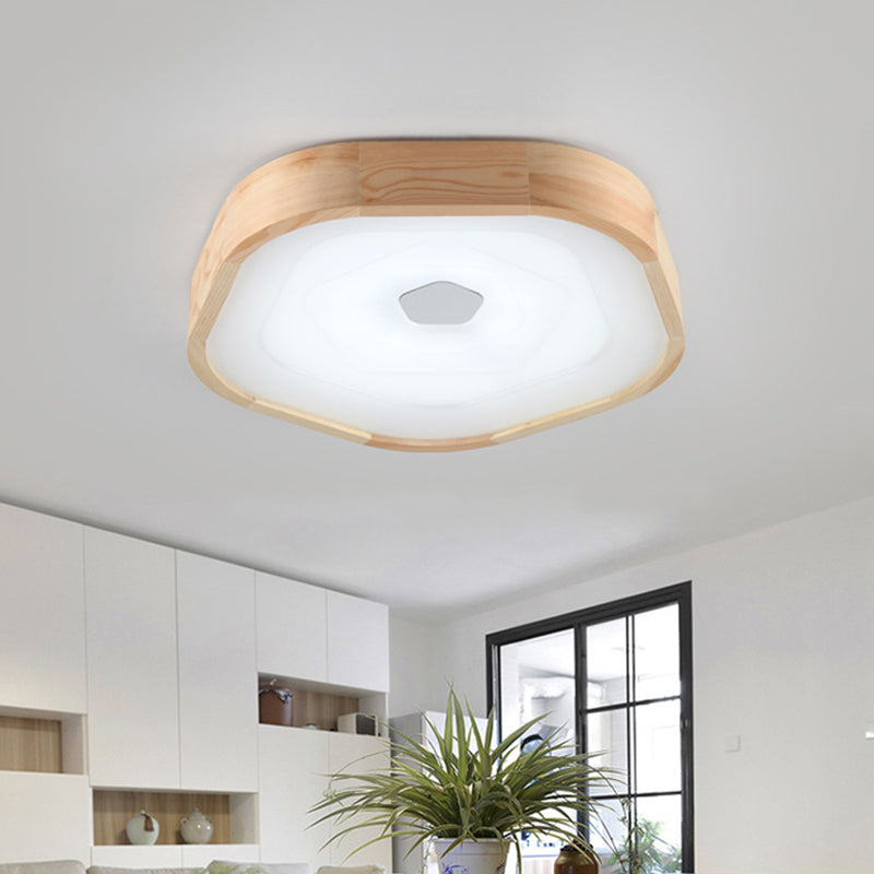 Acrylic LED Wood Pentagon Flush Ceiling Light - Simple Style - Beige - Bedroom Fixture - Warm/White - 18.5"/22.5" Wide