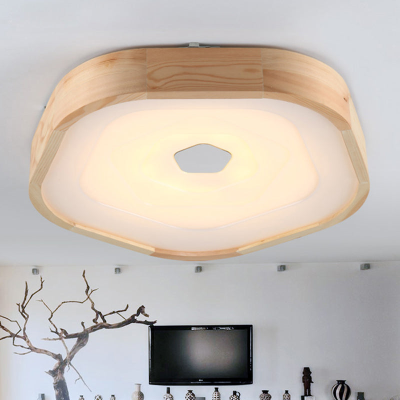 Acrylic Led Wood Pentagon Flush Ceiling Light - Simple Style Beige Bedroom Fixture Warm/White