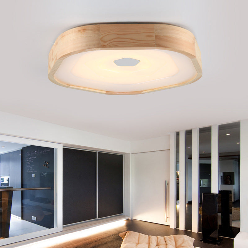 Acrylic LED Wood Pentagon Flush Ceiling Light - Simple Style - Beige - Bedroom Fixture - Warm/White - 18.5"/22.5" Wide