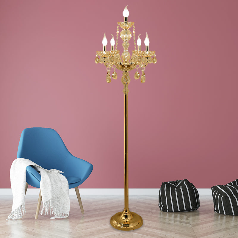 Traditional Clear Crystal Candlestick Floor Lamp With White Shade - Gold Standing Light