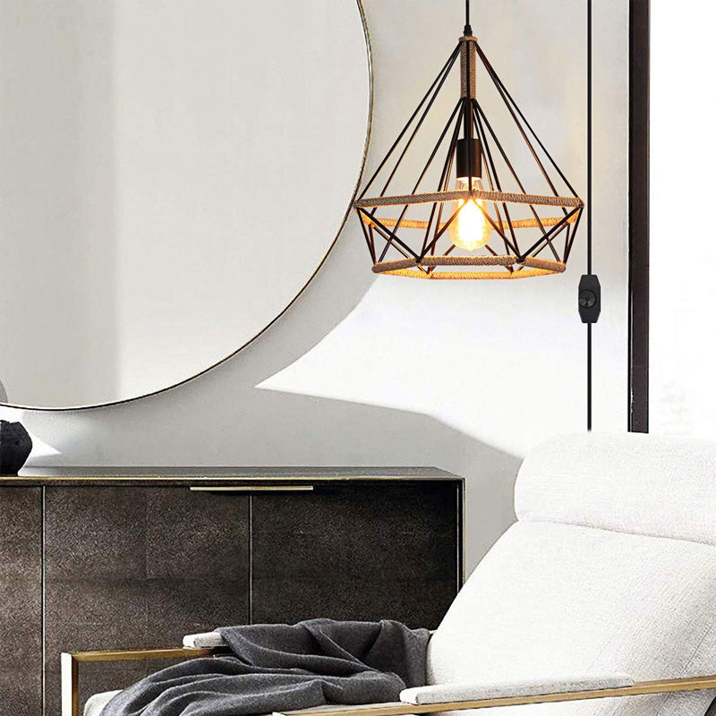 Vintage Metal and Rope Ceiling Pendant: Black Diamond Design with Cage for Coffee Shop Ambiance
