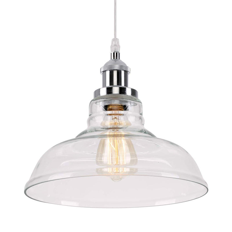 Vintage Chrome Barn Pendant Light - Clear Glass Kitchen Hanging Lamp