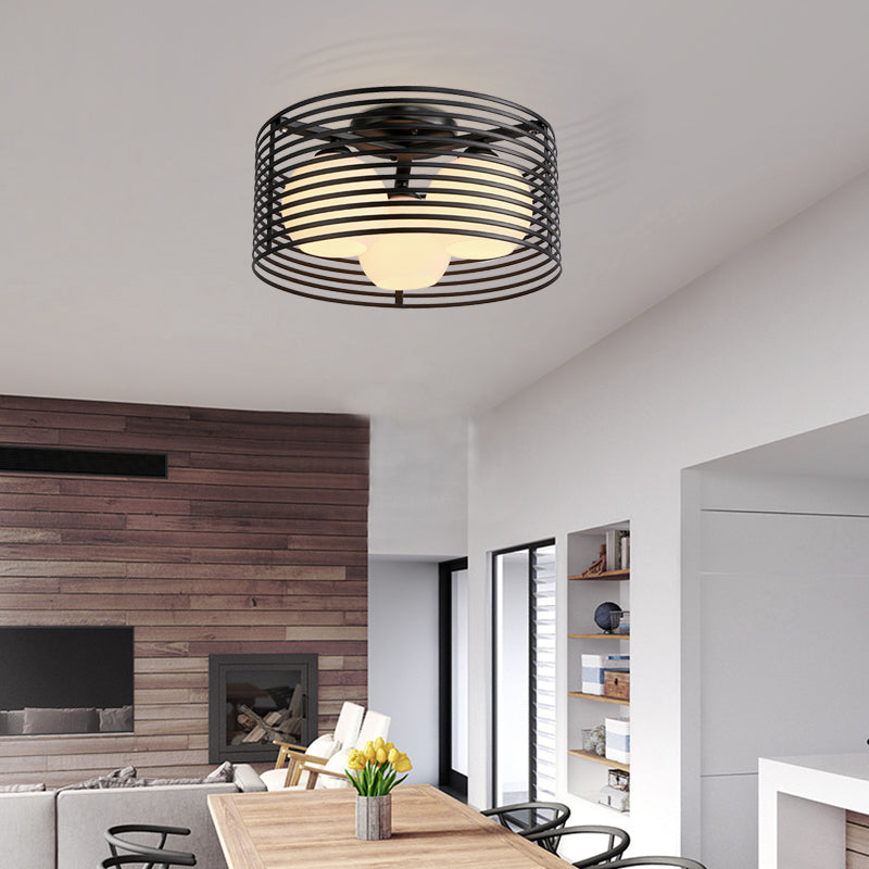Lampe semi-encastrée en métal nordique à 3 lampes avec cage ronde en fer pour plafond de chambre - Noir/blanc