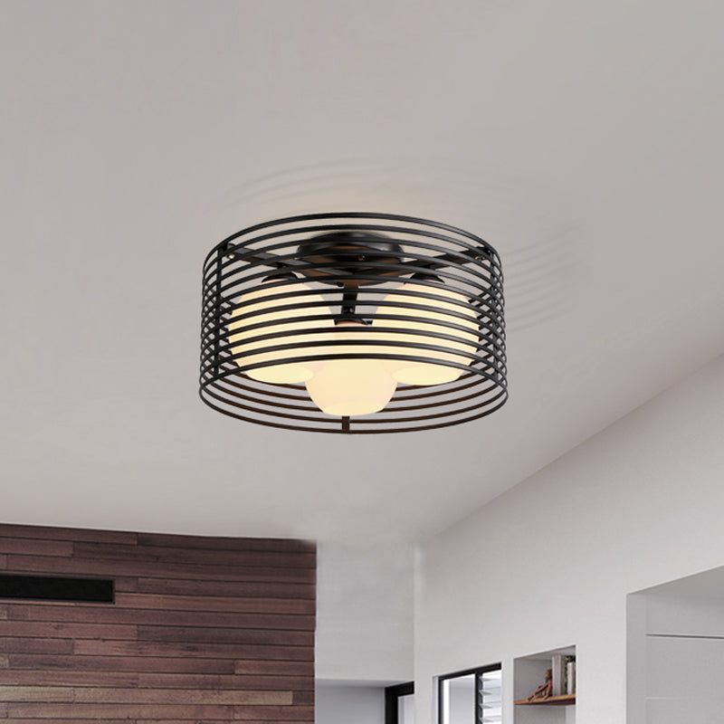 Lampe semi-encastrée en métal nordique à 3 lampes avec cage ronde en fer pour plafond de chambre - Noir/blanc