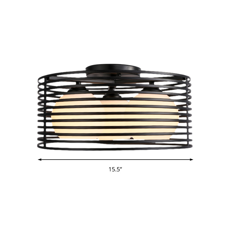 Lampe semi-encastrée en métal nordique à 3 lampes avec cage ronde en fer pour plafond de chambre - Noir/blanc
