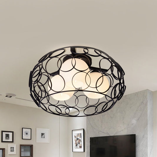 Nordic Drum Iron Cage Ceiling Light with Ball Glass Shade in White/Black – Perfect for Dining Rooms