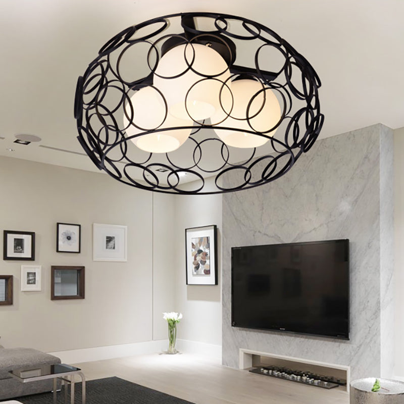 Nordic Drum Iron Cage Ceiling Light with Ball Glass Shade in White/Black – Perfect for Dining Rooms