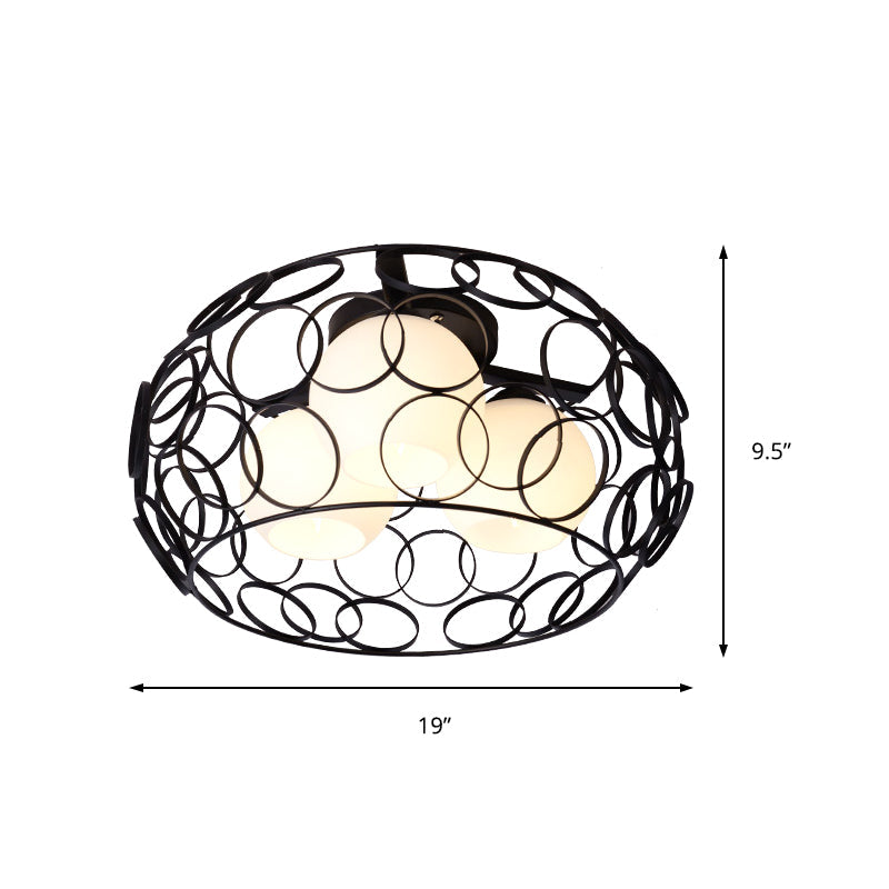 Nordic Drum Iron Cage Ceiling Light with Ball Glass Shade in White/Black – Perfect for Dining Rooms
