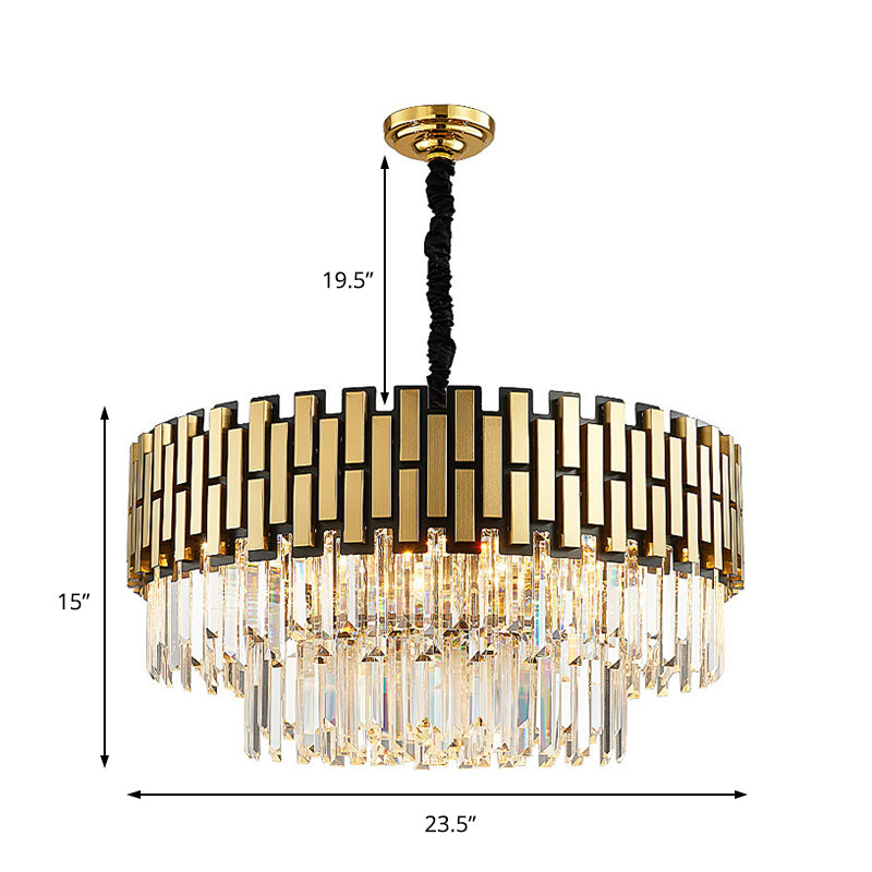 Contemporary Metal Pendant Chandelier with Round Shade & Faceted Crystal - Golden Hanging Light